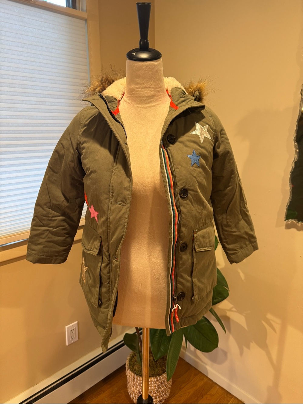 BODEN Kids Olive Green Star-Accent Hooded Parka Jacket